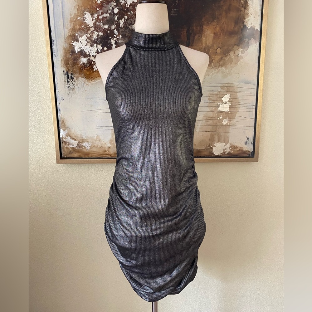Jade by Jane body con silver metallic halter neck mini dress size S BNWT